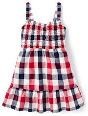 Girls Gingham Smocked Ruffle Dress