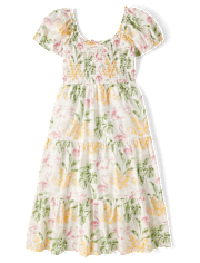 Robe mi-longue tropicale assortie à volants pour femme