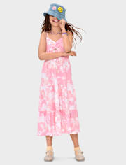 Girls Print Smocked Maxi Tiered Dress