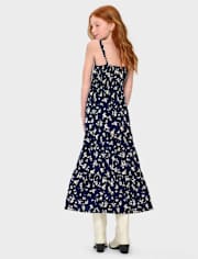 Girls Print Smocked Maxi Tiered Dress