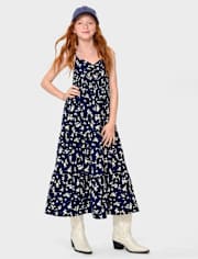 Girls Print Smocked Maxi Tiered Dress