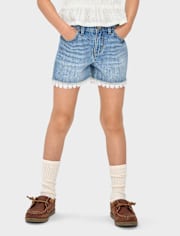 Girls Lace Hem Denim Shortie Shorts