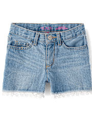 Girls Lace Hem Denim Shortie Shorts