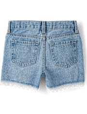Girls Lace Hem Denim Shortie Shorts