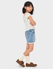Girls Lace Hem Denim Shortie Shorts