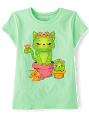 T-shirt graphique pour fille avec motif de chat et cactus