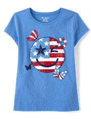 Girls American Flag Happy Face Graphic Tee