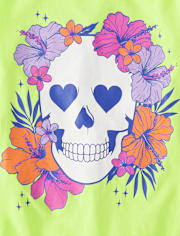 Girls Summerween Skull Flowers Graphic Tee