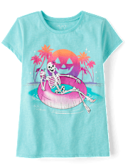Girls Summerween Skeleton Pool Float Graphic Tee