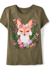 Girls Flower Crown Fox Graphic Tee