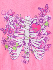 Girls Floral Skeleton Bones Graphic Tee