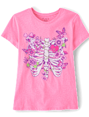 Girls Floral Skeleton Bones Graphic Tee