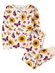 Girls Floral Butterfly Snug Fit Cotton Henley Pajamas