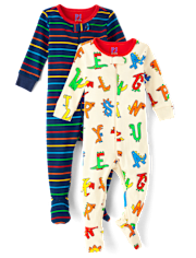 Baby And Toddler Dino Alphabet Striped Snug Fit Cotton Footed One Piece Pajamas 2-Pack