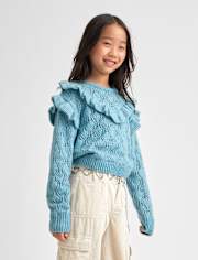 Pull pointelle à volants pour fille