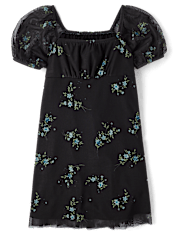 Girls Floral Mesh Puff Sleeve Dress
