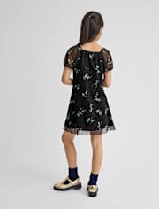 Girls Floral Mesh Puff Sleeve Dress