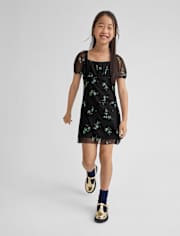 Girls Floral Mesh Puff Sleeve Dress