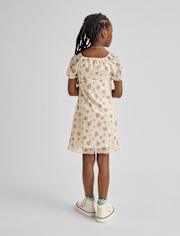 Girls Floral Mesh Puff Sleeve Dress