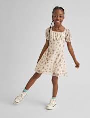 Girls Floral Mesh Puff Sleeve Dress