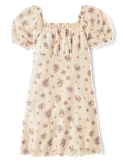 Girls Floral Mesh Puff Sleeve Dress