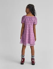 Girls Floral Mesh Puff Sleeve Dress