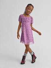 Girls Floral Mesh Puff Sleeve Dress