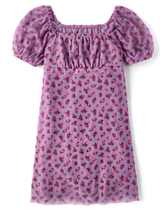 Girls Floral Mesh Puff Sleeve Dress