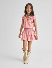 Girls Clip Dot Smocked Tiered Dress
