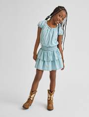 Girls Clip Dot Smocked Tiered Dress