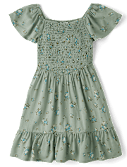 Girls Floral Smocked Ruffle Dress