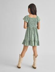 Girls Floral Smocked Ruffle Dress