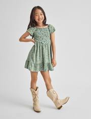 Girls Floral Smocked Ruffle Dress
