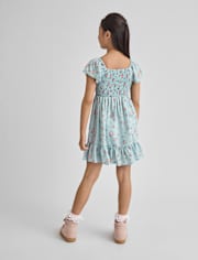 Girls Floral Smocked Ruffle Dress