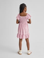 Girls Floral Smocked Ruffle Dress