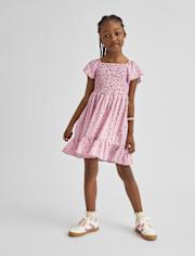 Girls Floral Smocked Ruffle Dress