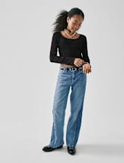 Girls Contrast Inset Wide Leg Jeans