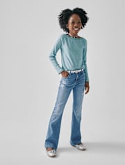 Girls Rhinestone Star High Rise Flare Jeans