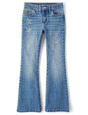 Girls Rhinestone Star High Rise Flare Jeans