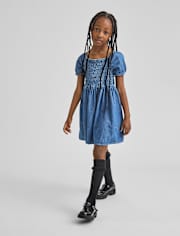 Girls Chambray Smocked Dress