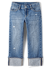 Girls Ripped Roll Cuff Straight Jeans