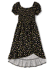 Girls Floral Smocked Midi High Low Dress