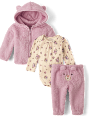 Baby Girls Embroidered Bear 3-Piece Playwear Set