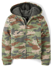 Kids Camo Premium Fleece Sherpa Lined Zip Up Hoodie