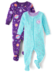 Baby And Toddler Girls Space Snug Fit Cotton Footed One Piece Pajamas 2-Pack