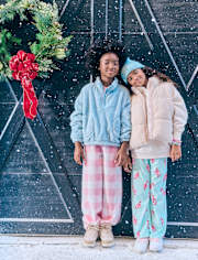 Girls Holiday Candy Cane Velour Button Front Pajamas