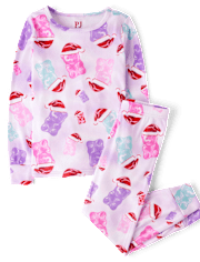 Pyjama ajusté en velours avec bonnet de Père Noël et ours en bonbon pour fille