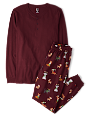 Mens Matching Family Holiday Dog Cotton Henley Pajamas