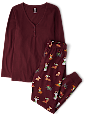 Womens Matching Family Holiday Dog Cotton Henley Pajamas