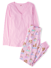 Womens Mommy And Me Gingerbread Snow Globe Cotton Henley Pajamas